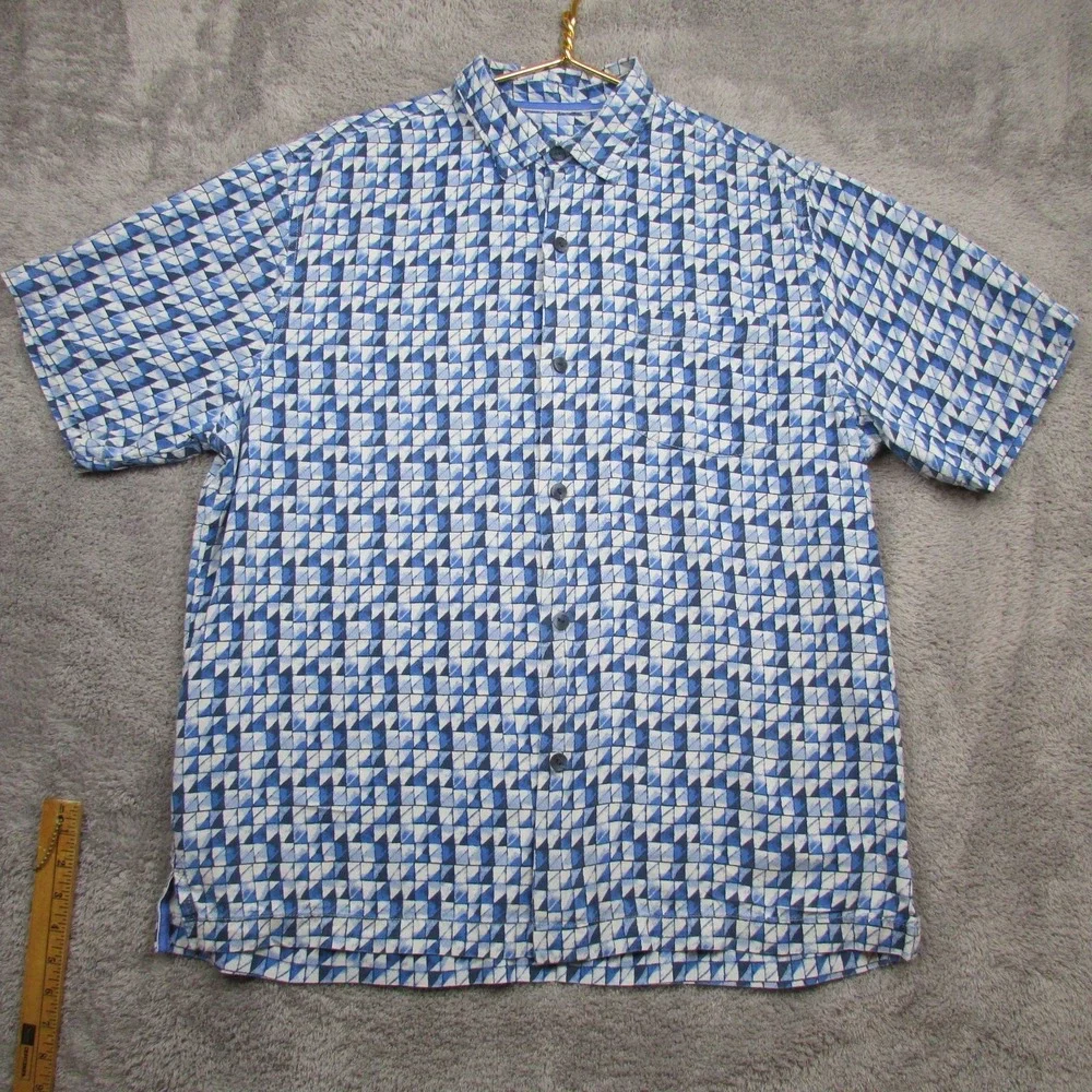 Tommy Bahama Shirt Mens Large Blue Geometric Short Sleeve Silk Button Front